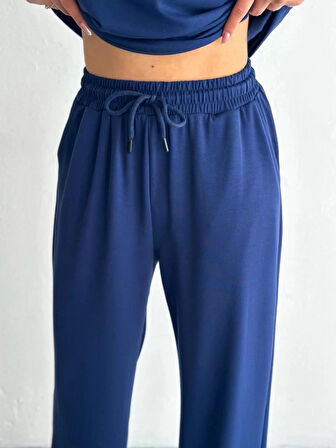 Osy Modal Yumuşak Dokulu Kumaş Kısa Kollu Yakalı T-shirt Pantalon ikili Takım- Lacivert