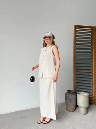 Keten Kolsuz Sıfır Yaka İlik Düğmeli Kolsuz Hırka Etek ikili Takım- Beyaz