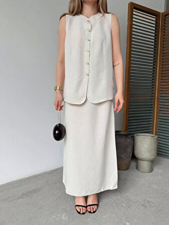 Keten Kolsuz Sıfır Yaka İlik Düğmeli Kolsuz Hırka Etek ikili Takım- Beyaz
