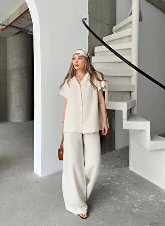 Keten Kısa Kollu Cepli Gömlek Pantolon ikili Takım - Beyaz