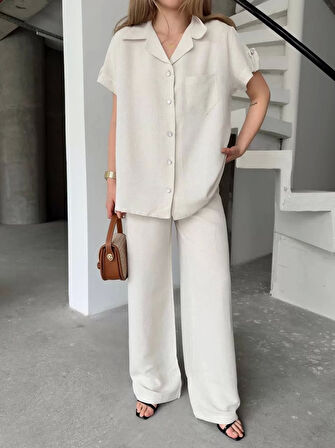 Keten Kısa Kollu Cepli Gömlek Pantolon ikili Takım - Beyaz