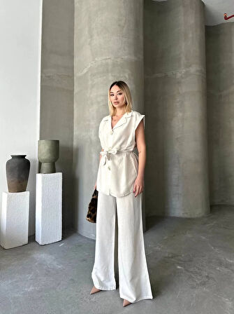 Keten Sıfır Kol Kuşaklı Ceket Pantolon ikili Takım - Beyaz