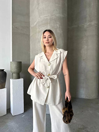 Keten Sıfır Kol Kuşaklı Ceket Pantolon ikili Takım - Beyaz