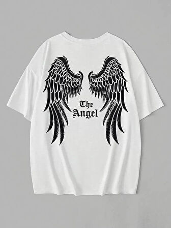 20/1 Penye Compack Dark Angel Baskılı Oversize Kısa Kol Yazlık T-shirt- Beyaz