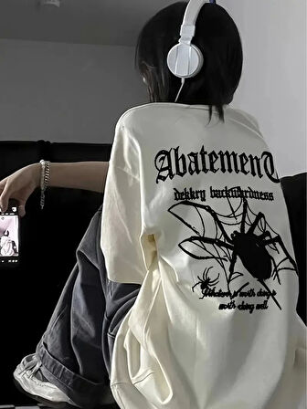 Örümcek Ağı Desenli Baskılı Oversize Bisiklet Yaka T-shirt  - Beyaz