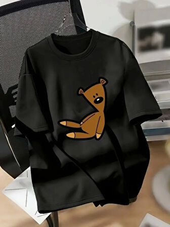 20/1 Penye Compack Ayı Baskılı Oversize Bisiklet Yaka Kısa Kol T-shirt - Siyah