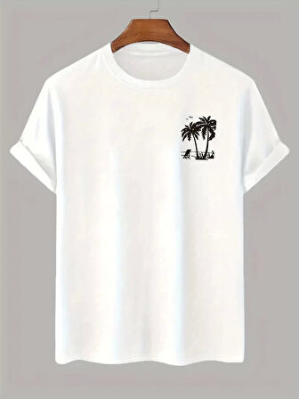 20/1 Penye Compack Palmiye Baskılı Oversize Bisiklet Yaka Kısa Kol T-shirt - Beyaz