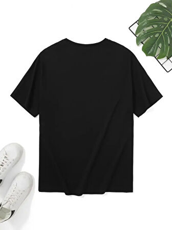 20/1 Penye Compack Uçak Baskılı Oversize Bisiklet Yaka Kısa Kol T-shirt - Siyah