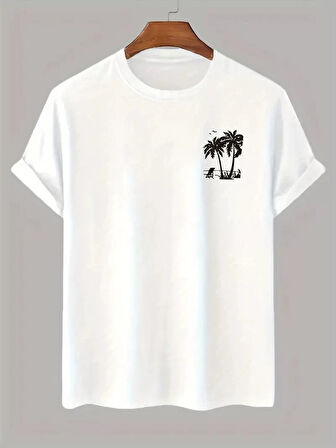 20/1 Penye Compack Palmiye Ön Baskılı Oversize Bisiklet Yaka Kısa Kol Yazlık T-shirt - Beyaz