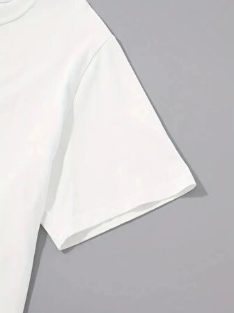 20/1 Penye Compack Palmiye Ön Baskılı Oversize Bisiklet Yaka Kısa Kol Yazlık T-shirt - Beyaz