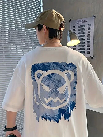 20/1 Penye Compack Bisiklet Yaka Kore tarzı sevimli ayı baskı Kısa Kol Erkek t-shirt - Beyaz