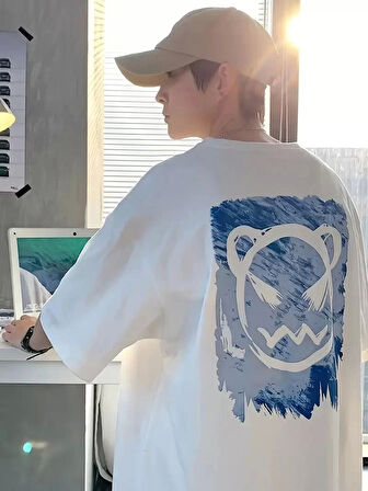 20/1 Penye Compack Bisiklet Yaka Kore tarzı sevimli ayı baskı Kısa Kol Erkek t-shirt - Beyaz