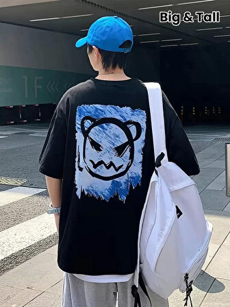 20/1 Penye Compack Bisiklet Yaka Kore tarzı sevimli ayı baskı Kısa Kol Erkek t-shirt - Siyah