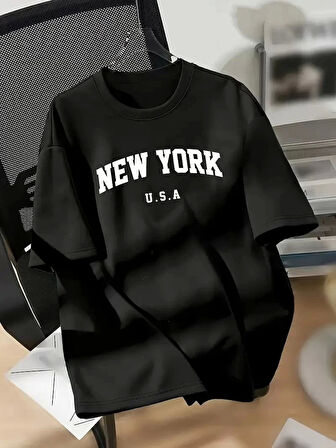 20/1 Penye Compack New York Baskılı Oversize Kısa Kol Bisiklet Yaka T-shirt - Siyah