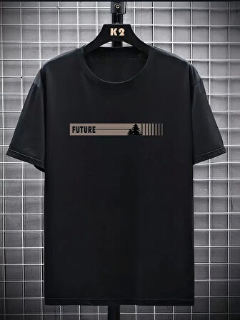 20/1 Penye Compack FUTRE Baskılı Oversize Kısa Kol Bisiklet Yaka T-shirt - Siyah