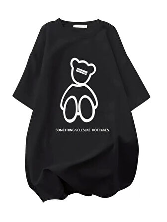 20/1 Penye Compack Ön Arka Baskılı Oversize Bisiklet Yaka T-shirt - Siyah