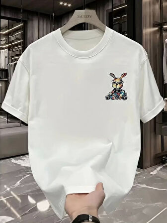 Güneş Gözlüğü Grafikli Karikatür Tavşan Oversize Kısa Kollu Tişört Çift Tişört, İlkbahar Ve Yaz - Beyaz