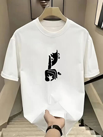 Rahat Bisiklet Yaka Tişört, Yaratıcı Karikatür Baskı - Yumuşak Polyester, Her Mevsim Giyilebilir- Beyaz