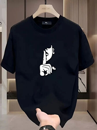 Rahat Bisiklet Yaka Tişört, Yaratıcı Karikatür Baskı - Yumuşak Polyester, Her Mevsim Giyilebilir- Siyah