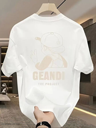 Geniş Kesim Pamuklu Tişört - "GANDHI The Project" Baskılı, Beyaz, Rahat Kesim, Kısa Kollu, Günlük Kıyafet, Her Gün Giyilebilecek Tişört- Beyaz