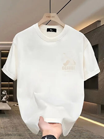 Geniş Kesim Pamuklu Tişört - "GANDHI The Project" Baskılı, Beyaz, Rahat Kesim, Kısa Kollu, Günlük Kıyafet, Her Gün Giyilebilecek Tişört- Beyaz