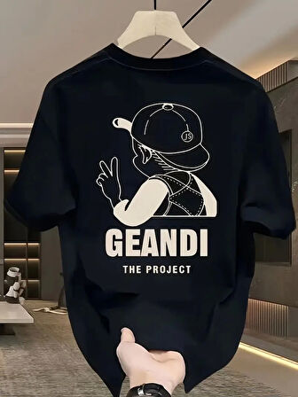 Geniş Kesim Pamuklu Tişört - "GANDHI The Project" Baskılı, Siyah, Rahat Kesim, Kısa Kollu, Günlük Kıyafet, Her Gün Giyilebilecek Tişört- Siyah