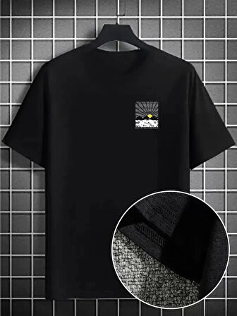Erkek Dağ Grafikli Tişört, Yaz için Büyük Beden Rahat T-shirt - Siyah