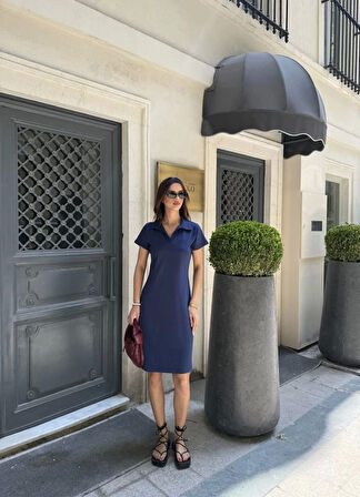 Osy Modal Yumuşak Dokulu Kumaş Yakalı Kısa Kollu Elbise - Mavi