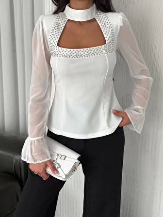 Penye Uzun Kollu Kadın Kolları Şifon Göğüste İnci Boncuk detaylı Bluz - Beyaz
