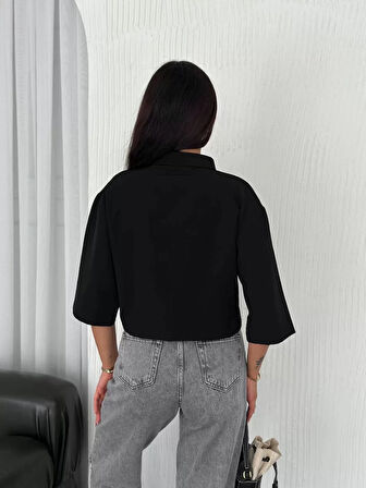 Z Krep Kadın Crop Yakalı Gömlek İlik Düğmeli Üç Çeyrek Sleeve Kol - Siyah
