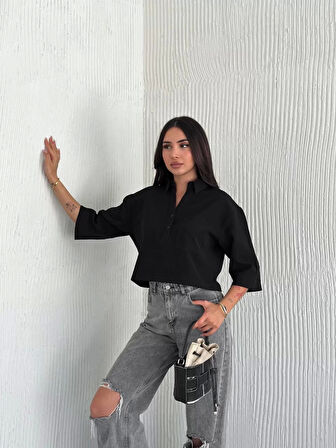 Z Krep Kadın Crop Yakalı Gömlek İlik Düğmeli Üç Çeyrek Sleeve Kol - Siyah