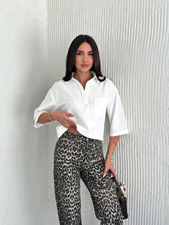 Z Krep Kadın Crop Yakalı Gömlek İlik Düğmeli Üç Çeyrek Sleeve Kol - Beyaz