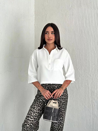Z Krep Kadın Crop Yakalı Gömlek İlik Düğmeli Üç Çeyrek Sleeve Kol - Beyaz