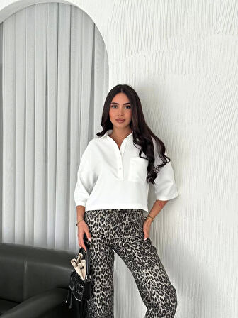 Z Krep Kadın Crop Yakalı Gömlek İlik Düğmeli Üç Çeyrek Sleeve Kol - Beyaz