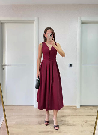 V yaka Krep Arka Ön Pens Detaylı Uzun Kolsuz Elbise - Bordo