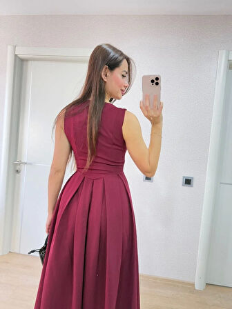 V yaka Krep Arka Ön Pens Detaylı Uzun Kolsuz Elbise - Bordo