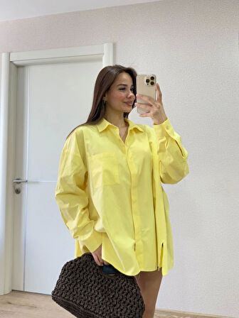 Poplin Kadın Yakalı Yandan Yırtmaçlı Arka Pens Detaylı Gömlek - Sarı