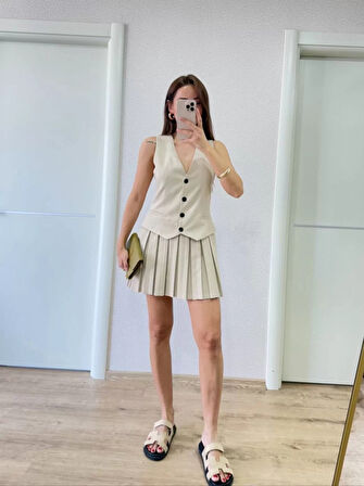 Keten Takım Görünümlü Düğme Detaylı Yelekli Mini Elbise - Bej