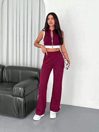 Osy Modal Yumuşak Dokulu Kumaş Tam Fermuarlı Crop Pantalon İkili Takım - Bordo
