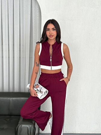 Osy Modal Yumuşak Dokulu Kumaş Tam Fermuarlı Crop Pantalon İkili Takım - Bordo