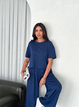 Osy Modal Yumuşak Dokulu Kumaş Bisiklet Yaka T-shirt Bol paça Pantalon ikili Takım -Saks Mavi