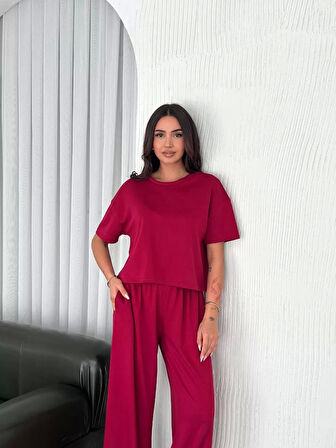 Osy Modal Yumuşak Dokulu Kumaş Bisiklet Yaka T-shirt Bol paça Pantalon ikili Takım -Bordo