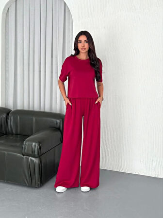 Osy Modal Yumuşak Dokulu Kumaş Bisiklet Yaka T-shirt Bol paça Pantalon ikili Takım -Bordo