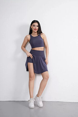 Sendy Kumaş Bisiklet Yaka Crop Şortlu Etek ikili Takım - Antrasit