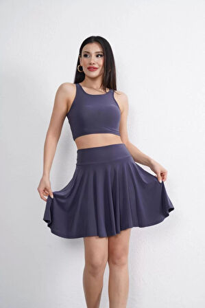 Sendy Kumaş Bisiklet Yaka Crop Şortlu Etek ikili Takım - Antrasit