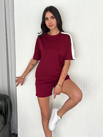 Osy Modal yumuşak dokulu Kumaş Kadın Parçalı Bisiklet Yaka T-shirt Kısa Şort İkili Takım - Bordo