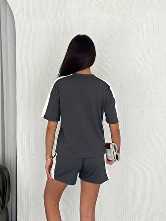 Osy Modal yumuşak dokulu Kumaş Kadın Parçalı Bisiklet Yaka T-shirt Kısa Şort İkili Takım - Antrasit
