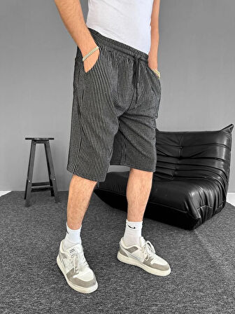 Su Yolu Çizgili Ön Arka Cepli Şort Yazlık Nefes Alabilir - Siyah