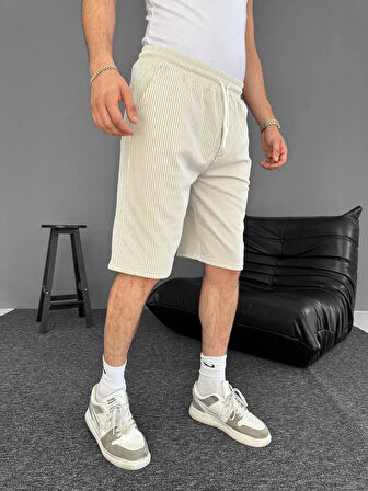 Su Yolu Çizgili Ön Arka Cepli Şort Yazlık Nefes Alabilir - Bej