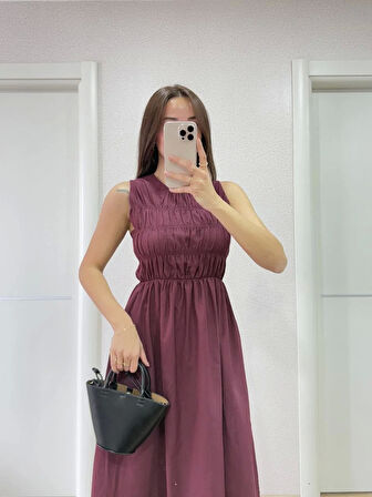 Kolsuz Göğüs Lastıklı %100 Poplin Uzun Elbise - Bordo
